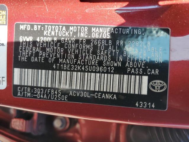 4T1BE32K45U096012 - 2005 TOYOTA CAMRY LE RED photo 12