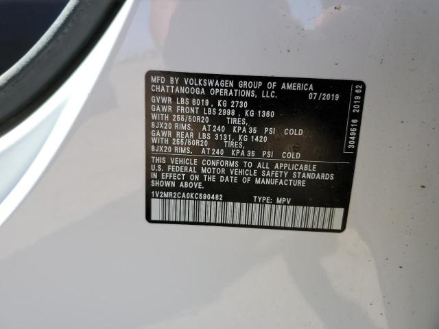1V2MR2CA0KC590482 - 2019 VOLKSWAGEN ATLAS SEL WHITE photo 13