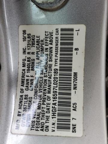 1HGFA16597L020189 - 2007 HONDA CIVIC LX Srebrny zdjęcie 12