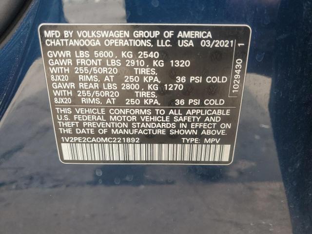1V2PE2CA0MC221892 - 2021 VOLKSWAGEN ATLAS CROS SE Niebieski zdjęcie 13