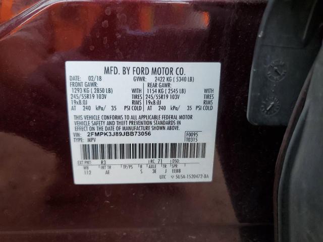 2FMPK3J89JBB73056 - 2018 FORD EDGE SEL BURGUNDY photo 13