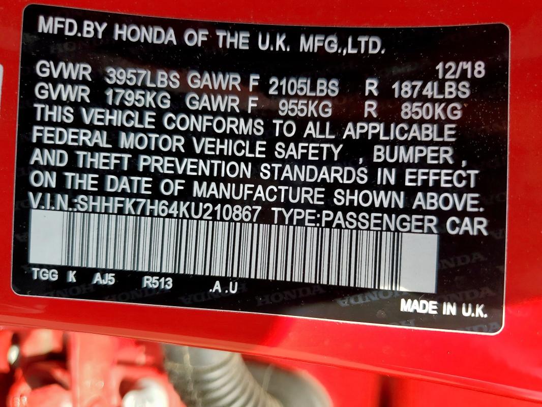 SHHFK7H64KU210867 - 2019 HONDA CIVIC EX RED photo 12