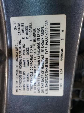 2HGFC2F75HH555519 - 2017 HONDA CIVIC EX GRAY photo 12