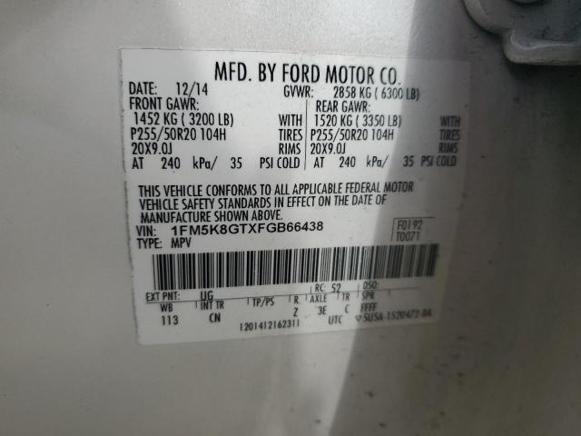 1FM5K8GTXFGB66438 - 2015 FORD EXPLORER SPORT WHITE photo 13