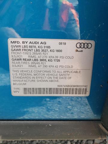 WA1VABGE8KB020742 - 2019 AUDI E-TRON PRESTIGE BLUE photo 12