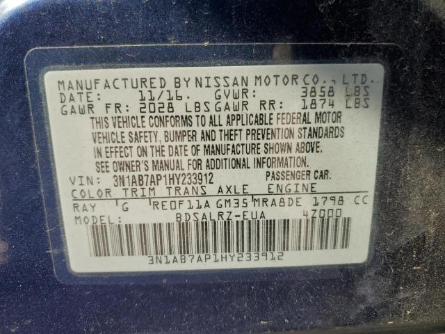 3N1AB7AP1HY233912 - 2017 NISSAN SENTRA S BLUE photo 13