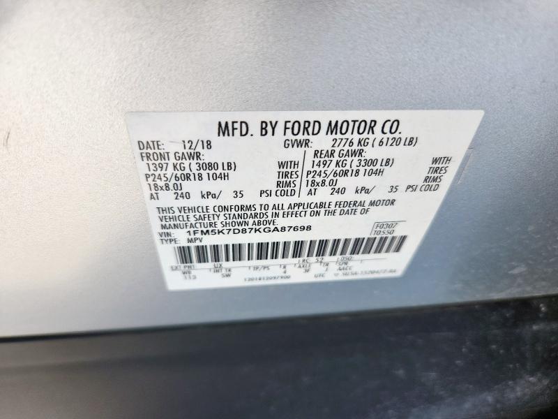 1FM5K7D87KGA87698 - 2019 FORD EXPLORER XLT ვერცხლისფერი ფოტო 13