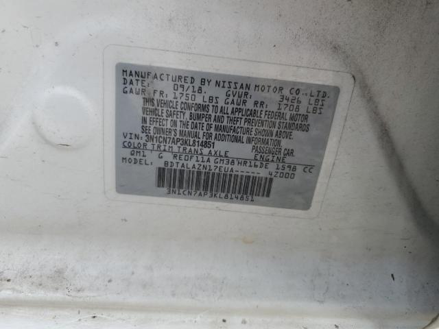 3N1CN7AP3KL814851 - 2019 NISSAN VERSA S WHITE photo 12