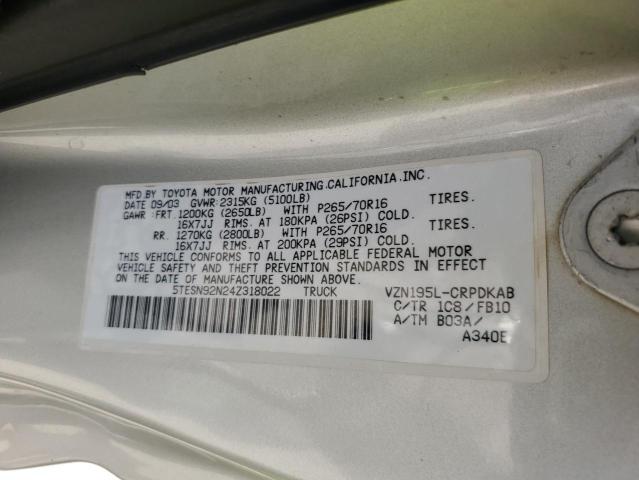 5TESN92N24Z318022 - 2004 TOYOTA TACOMA XTRACAB PRERUNNER ვერცხლისფერი ფოტო 12