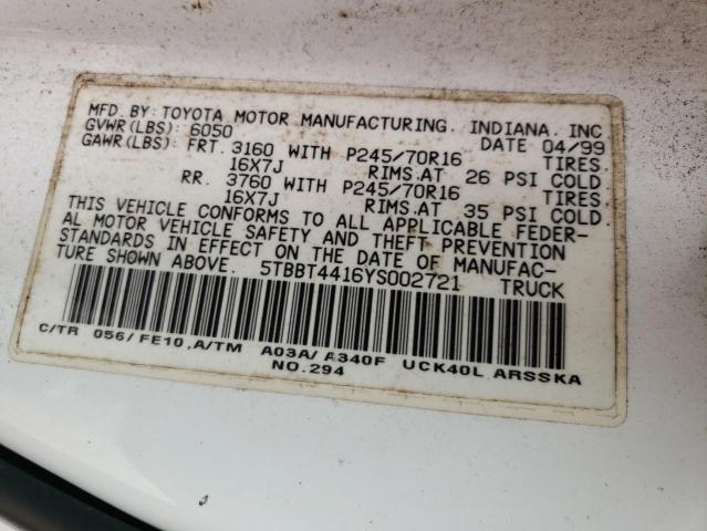 5TBBT4416YS002721 - 2000 TOYOTA TUNDRA ACCESS CAB თეთრი ფოტო 12