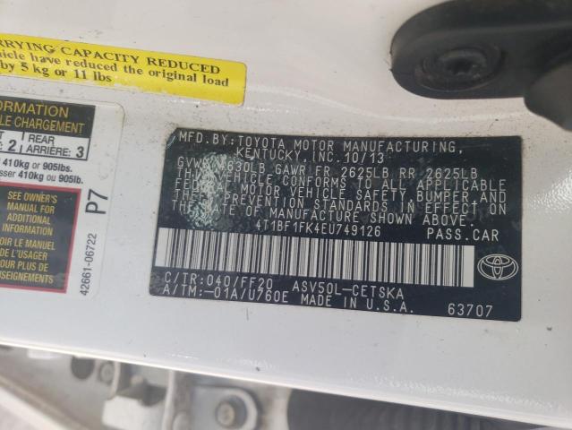 4T1BF1FK4EU749126 - 2014 TOYOTA CAMRY L WHITE photo 13