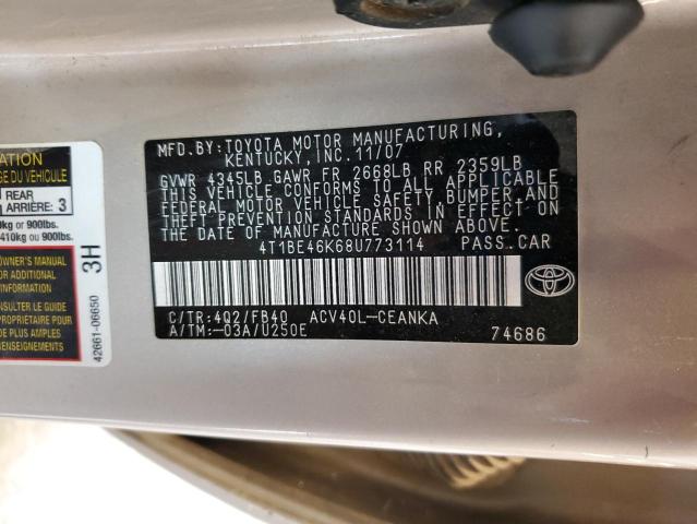 4T1BE46K68U773114 - 2008 TOYOTA CAMRY CE TAN photo 12