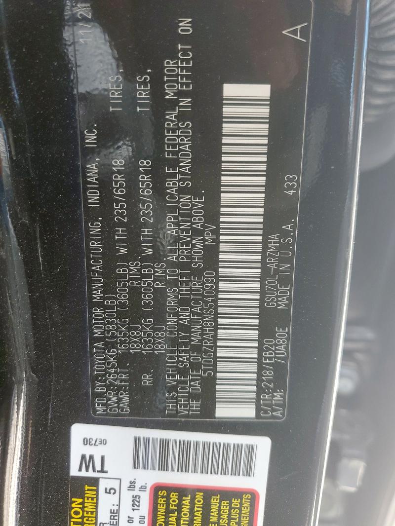 5TDGZRAH8NS540990 - 2022 TOYOTA HIGHLANDER XLE შავი ფოტო 13