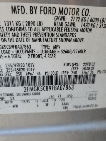 2FMGK5C89FBA07863 - 2015 FORD FLEX SEL SILVER photo 13