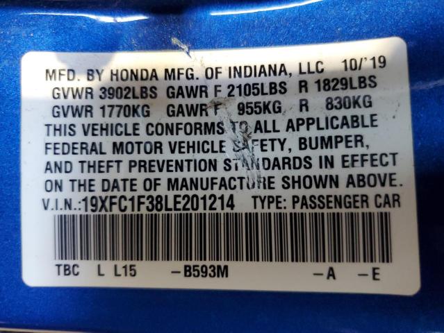 19XFC1F38LE201214 - 2020 HONDA CIVIC EX BLUE photo 12