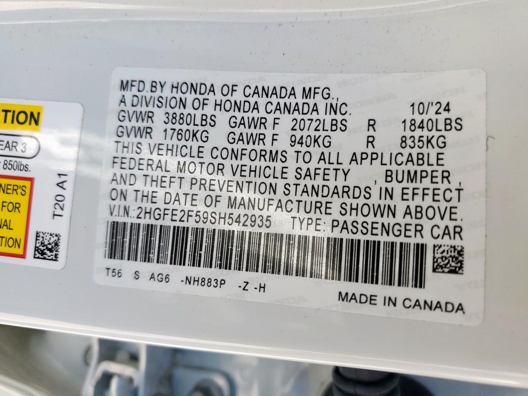 2HGFE2F59SH542935 - 2025 HONDA CIVIC SPORT Ağ foto 12