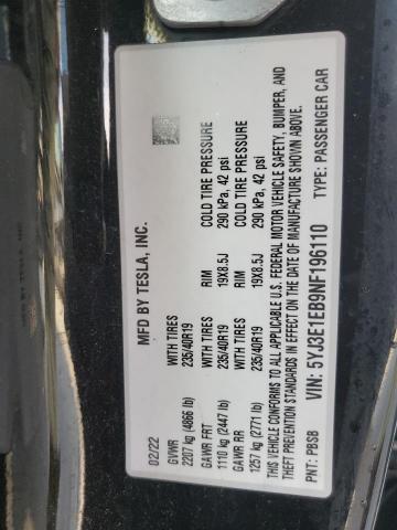 5YJ3E1EB9NF196110 - 2022 TESLA MODEL 3 黑色 照片 12