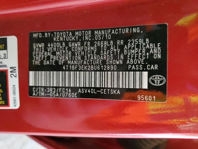 4T1BF3EK2BU612890 - 2011 TOYOTA CAMRY BASE RED photo 12