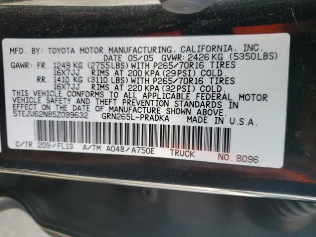 5TEJU62N85Z099632 - 2005 TOYOTA TACOMA DOUBLE CAB PRERUNNER BLACK photo 12