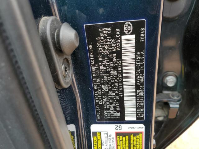4T1B11HK7KU763951 - 2019 TOYOTA CAMRY L ლურჯი ფოტო 13