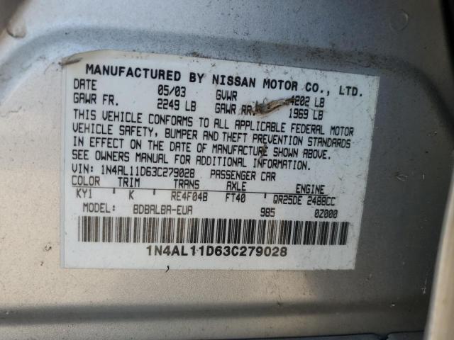 1N4AL11D63C279028 - 2003 NISSAN ALTIMA BASE SILVER photo 12