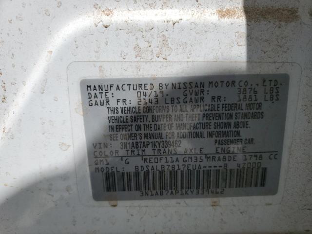 3N1AB7AP1KY339462 - 2019 NISSAN SENTRA S WHITE photo 12