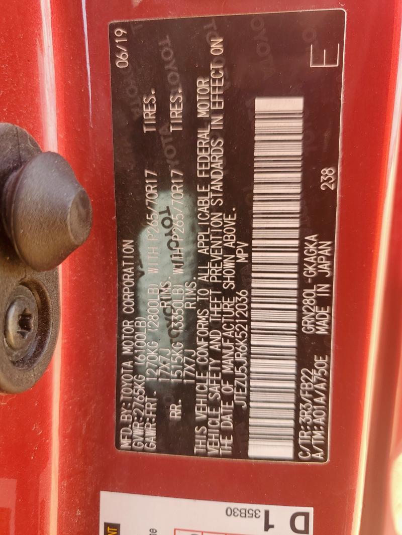 JTEZU5JR6K5212036 - 2019 TOYOTA 4RUNNER SR5 Kırmızı fotoğraf 13