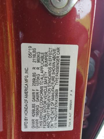 1HGCV1F57KA109609 - 2019 HONDA ACCORD EXL RED photo 12