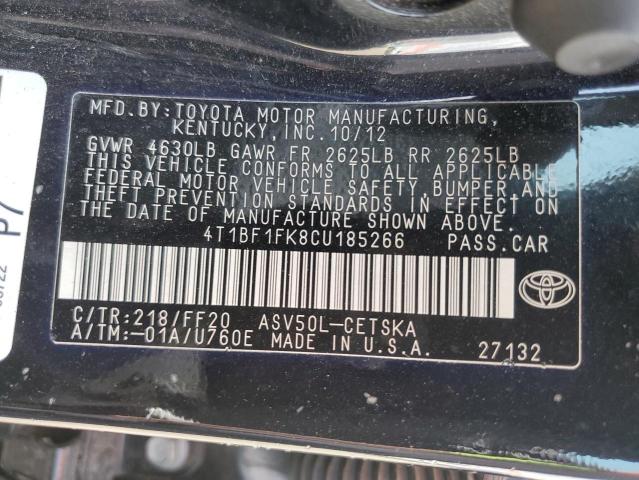 4T1BF1FK8CU185266 - 2012 TOYOTA CAMRY BASE BLACK photo 12