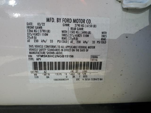 1FM5K8HC2NGB15156 - 2022 FORD EXPLORER PLATINUM WHITE photo 13