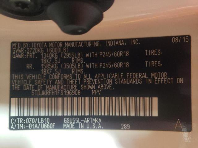 5TDJKRFH1FS196908 - 2015 TOYOTA HIGHLANDER XLE WHITE photo 14