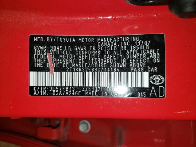 2T1KR32E88C714484 - 2008 TOYOTA COROLLA MA XR RED photo 12