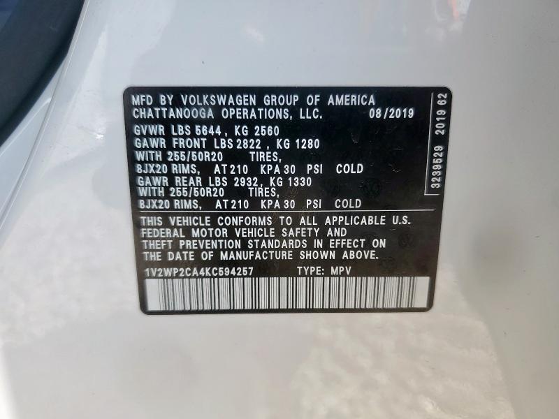 1V2WP2CA4KC594257 - 2019 VOLKSWAGEN ATLAS SE Білий фото 13