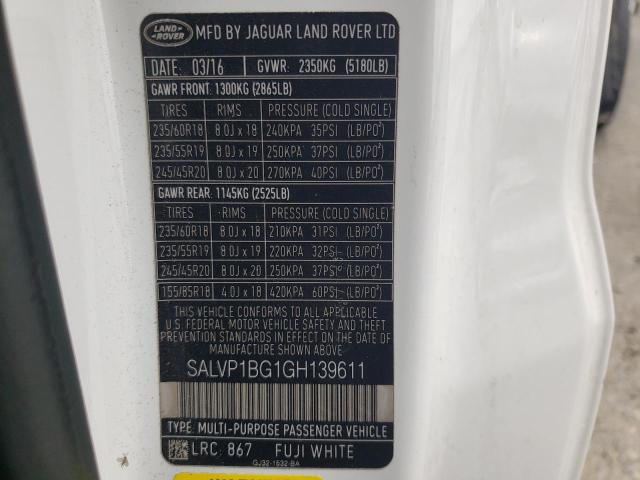 SALVP1BG1GH139611 - 2016 LAND ROVER RANGE ROVE SE WHITE photo 14