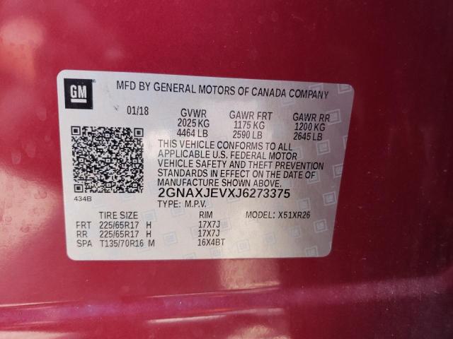 2GNAXJEVXJ6273375 - 2018 CHEVROLET EQUINOX LT Бордовый фото 12