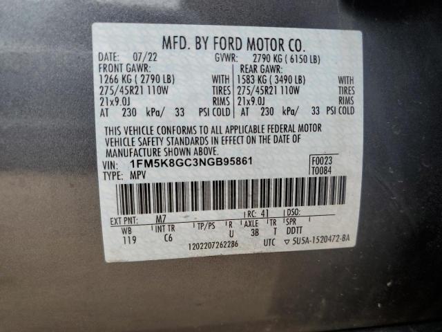 1FM5K8GC3NGB95861 - 2022 FORD EXPLORER ST GRAY photo 13