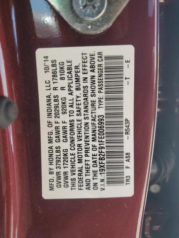 19XFB2F91FE006993 - 2015 HONDA CIVIC EXL ბურგუნდია ფოტო 12