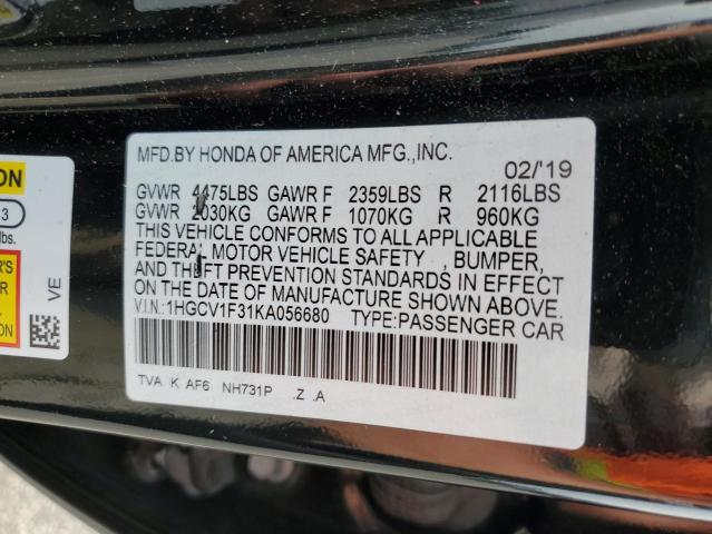 1HGCV1F31KA056680 - 2019 HONDA ACCORD SPORT أسود صورة 12