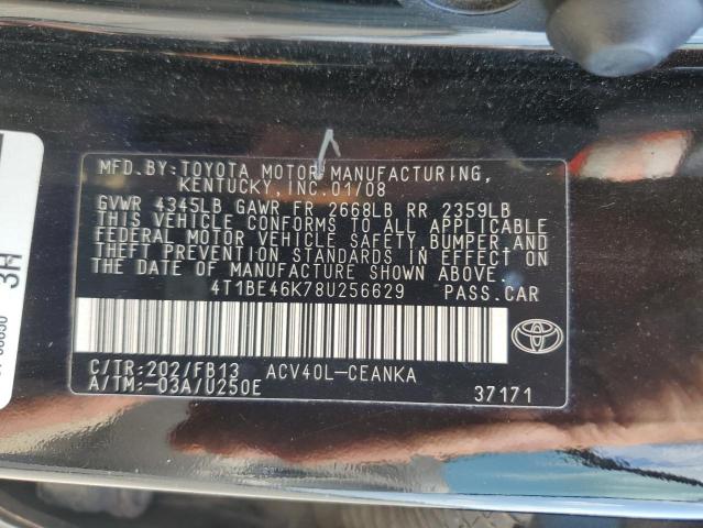 4T1BE46K78U256629 - 2008 TOYOTA CAMRY CE BLACK photo 12