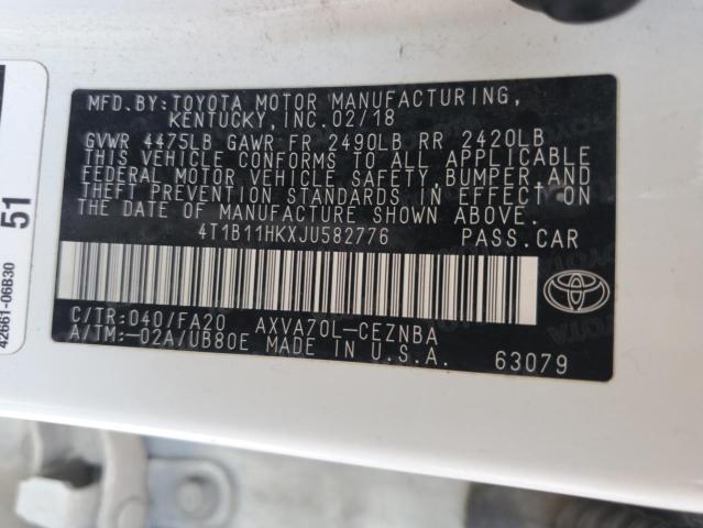4T1B11HKXJU582776 - 2018 TOYOTA CAMRY L WHITE photo 12