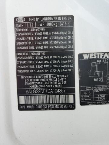 SALGS2DF7DA104867 - 2013 LAND ROVER RANGE ROVE HSE WHITE photo 13