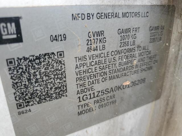 1G11Z5SA0KU136209 - 2019 CHEVROLET IMPALA LT WHITE photo 12