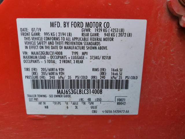 MAJ6S3GL8LC314008 - 2020 FORD ECOSPORT SE RED photo 12