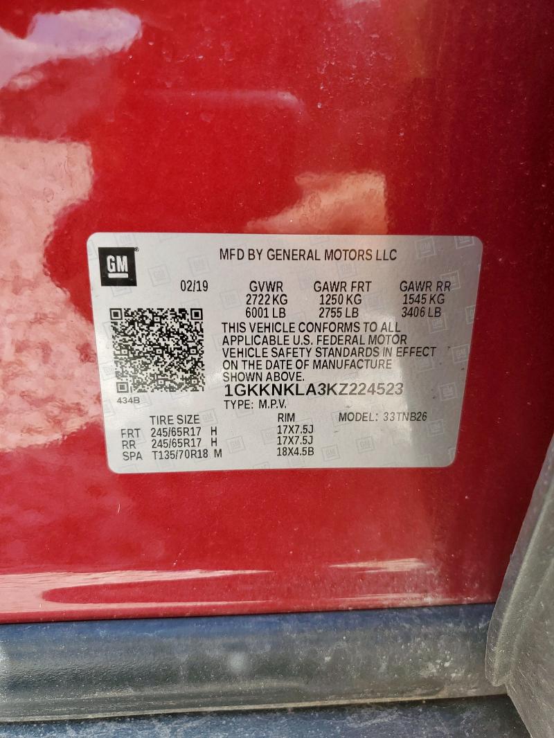 1GKKNKLA3KZ224523 - 2019 GMC ACADIA SLE أحمر صورة 13