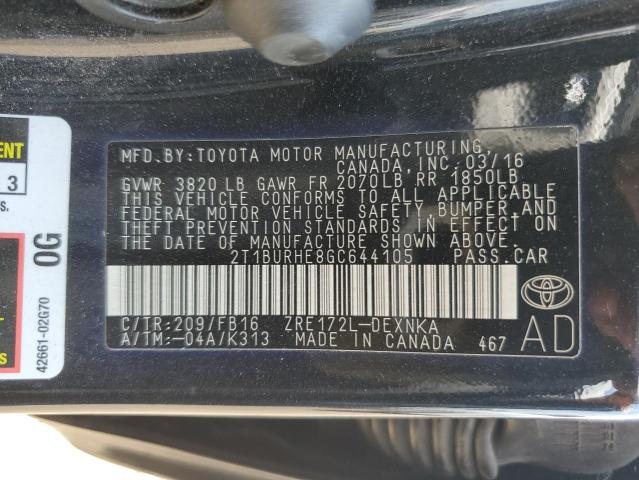 2T1BURHE8GC644105 - 2016 TOYOTA COROLLA L შავი ფოტო 12