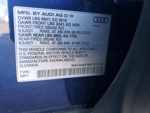 WA1VAAF78KD033136 - 2019 AUDI Q7 PRESTIGE BLUE photo 13