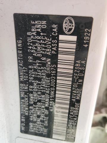 4T1B11HK0JU031675 - 2018 TOYOTA CAMRY L WHITE photo 12