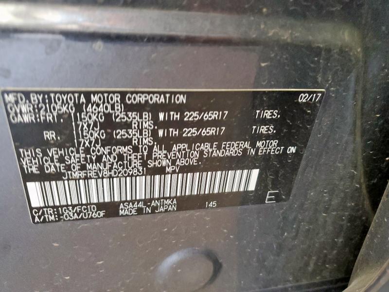 JTMRFREV8HD209831 - 2017 TOYOTA RAV4 XLE GRAY photo 13