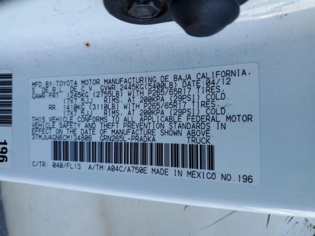 3TMJU4GN6CM134806 - 2012 TOYOTA TACOMA DOUBLE CAB PRERUNNER WHITE photo 12