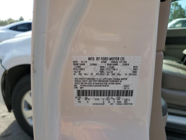 1FMCU5K33AKB79478 - 2010 FORD ESCAPE HYBRID WHITE photo 12